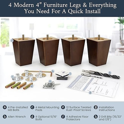 Airy Abode Premium Walnut Square Furniture Legs (Full Install Kit) - Pick Your Size and Color - color: Brown, size: 4 Inches