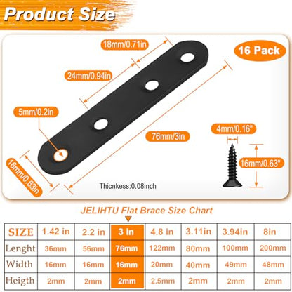 JULIHTU 16 Pack Black Flat Bracket 3 inch Straight Brace - color: Black, size: 16 Pcs / 3 x 0.63 in