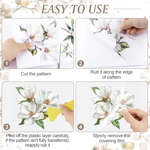 Magnolia Rub on Transfers Stickers, 3PCS Magnolia Flower Branch Furniture Transfers Stickers Decals for Bedroom Bedside Table Bookcase Wardrobe Desk Drawer Dresser - color: White Magnolia