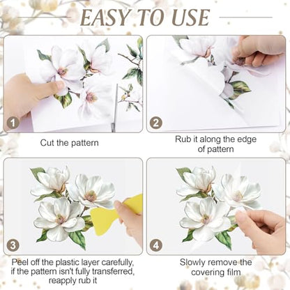 Magnolia Rub on Transfers Stickers, 3PCS Magnolia Flower Branch Furniture Transfers Stickers Decals for Bedroom Bedside Table Bookcase Wardrobe Desk Drawer Dresser - color: White Magnolia