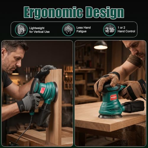 HYCHIKA 5‑Inch Random Orbital Sander, 6000‑13000 OPM, Electric Palm Sander, 6 Variable Speeds, 300W Motor with Upgraded Vacuum Dust Collector, 10 Pcs Sandpapers for Furniture Refinishing & DIY