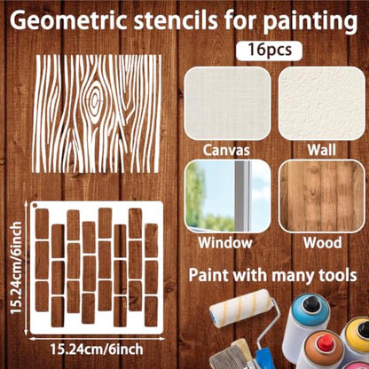 16Pcs Stencils for Crafts Reusable Geometric Abstract Stencils for Painting