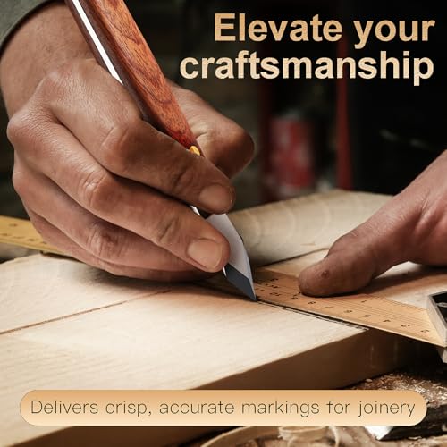 Marking Knife Woodworking Heavy Duty Scribing Gauge Knife Leather Sheath Carbon Steel Double Beveled Blade Striking Knife Wooden Handle Scribe Carving Tool Fathers Day Mens Woodworking Birthday Gift