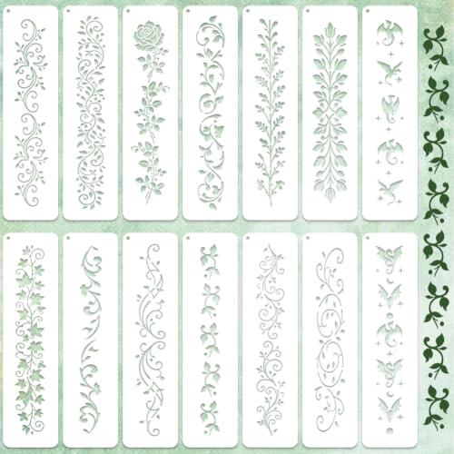 14Pcs 14 Styles Large Border Flower Stencils 3.03 x 11.81 Inch, Plastic Flower Template Leaf Dragon Pattern Reusable PET Plastic Drawing Stencil for Crafts Wood Burning Wall Furniture Decor - color: Flower-1