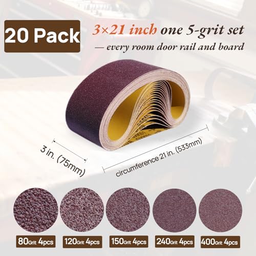 20 Pack 3 x 21 Inch Sanding Belts, 80-400 Grit Assortment - size: Mix Grit