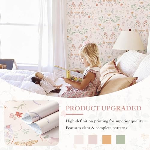 Peel and Stick Wallpaper for Nursery Pink Cute Bow Leaf Waterproof - color: Pink, size: 17.3" x 196"