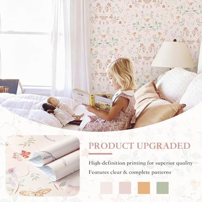 Peel and Stick Wallpaper for Nursery Pink Cute Bow Leaf Waterproof - color: Pink, size: 17.3" x 196"