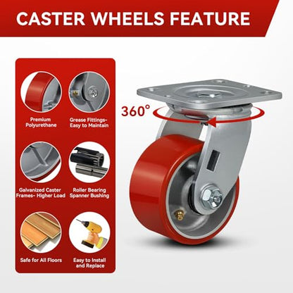 4"x2" Industrial Casters- Heavy Duty casters,Polyurethane Casters Wheel,Capacity up to 3200 Lb. Use for Platform Truck, U-Boat Cart,Workbenches(4 Swivel) - style: 4 inch
