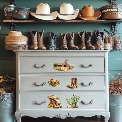 Peacoblue Western Cowboys Rub On Transfers for Furniture 6"x12" - style: Cowboys Boots and Western Scenery