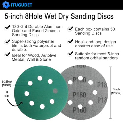 5 Inch 8 Hole P180 Grit Zirconia Wet Dry Sanding Discs - 50 Pack - size: 180 Grit