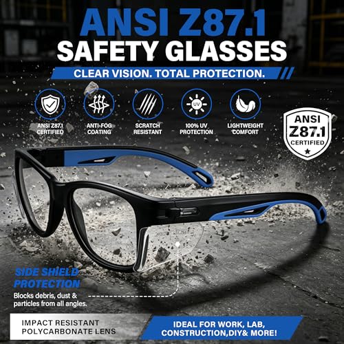 ANSI Z87.1 Safety Glasses with Side Shields, Clear Anti-Fog Scratch-Resistant Lightweight Protective Eyewear UV Protection, Durable Work Glasses for Construction, Lab & DIY