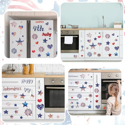 Whaline 12 Sheets Patriotic Rub on Transfer for Crafts Rub on Transfer Stickers Red Blue Star Heart Fireworks Furniture Decals for 250th Anniversary 4th of July Independence Day, 5.5 x 5.5 Inch