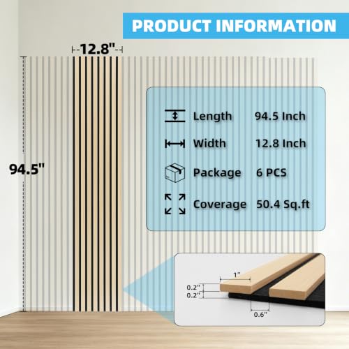 Art3d 94 x 12.6 Inch Acoustic Lightweight Slat Wall Panel, 6-Piece, Ashtree - color: Ashtree, size: 94 x 12.6 Inch