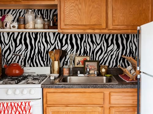 Black and White Peel and Stick Wallpaper Zebra Wallpaper 197" x 17.3" Animal Print Contact Paper Waterproof Removable Self-Adhesive Wall Paper Bathroom Bedroom - color: Black && white, size: 17.3" x 197"