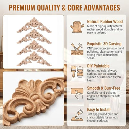 4 Pcs 3 Inch Wood Appliques Scroll Corner Carving
