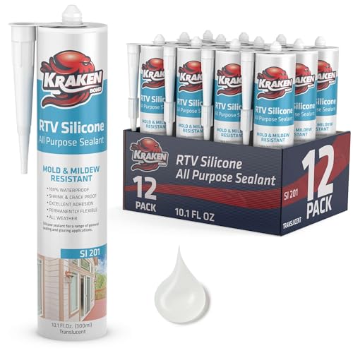 Kraken Bond RTV Silicone Sealant Translucent (12 x 10.1 fl.oz.)%100 Waterproof Silicone Caulk Kitchen and Bathroom, All Purpose, Window Caulking Sealant Outdoor, RV, 12 Pack - size: 12 Pack