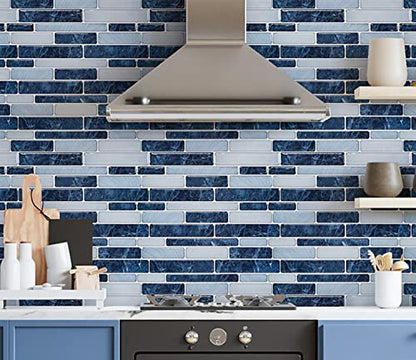 LONGKING Self-Adhesive Kitchen Backsplash, Marble Look Decorative Tiles (10 Tiles) (Dark Blue) - color: Dark Blue