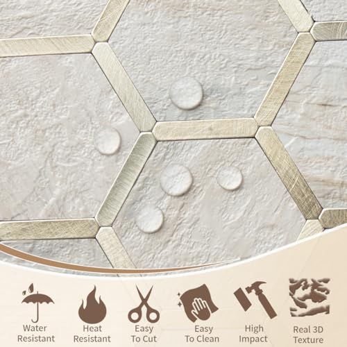 DICOFUN 1 Sheet Hexagon Peel and Stick Backsplash Tile, Beige Slate Mixed Gold Kitchen Backsplash Peel and Stick Wall Tiles - color: Beige Slate + Gold Metal Frame, size: 1 Sheet, 12''x12''x0.12''