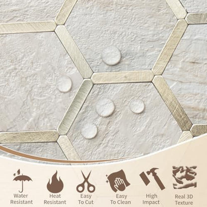 DICOFUN 1 Sheet Hexagon Peel and Stick Backsplash Tile, Beige Slate Mixed Gold Kitchen Backsplash Peel and Stick Wall Tiles - color: Beige Slate + Gold Metal Frame, size: 1 Sheet, 12''x12''x0.12''