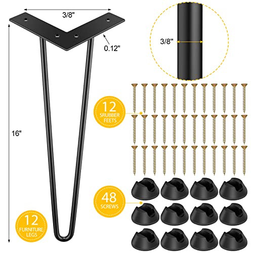 Reginary 12 Pack Hairpin Legs 16 Inch Metal Table Legs Heavy Duty Desk Furniture Coffee Table DIY Projects for Cabinet, Wardrobe, Drawers, Nightstand, Bench with Floor Protectors and Screws