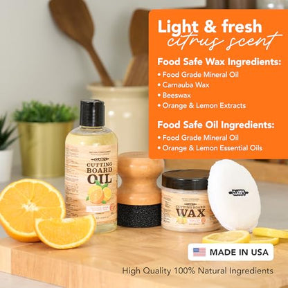 Clark’S Cutting Board Oil and Wax Kit – Includes Food Grade Mineral Oil (12oz), Finishing Wax (6oz), Applicator, & Buffing Pad to Clean and Protect Wood, Enriched with Natural Lemon & Orange Extract - style: Orange & Lemon Extracts