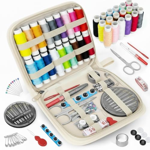 MIXCOOL Sewing Kit for Adults, Beginners, Needle and Thread Kit, Portable Sewing Supplies, Contains Thread, Scissor, Needles, (Beige, M) - color: Beige, size: M