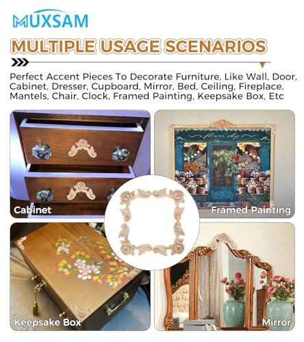 MUXSAM Rose Carved Appliques Onlays, 4Pcs Unpainted Wood Carvings Decals - size: 6x6cm/2.36"x2.36"
