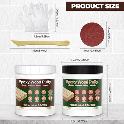Epoxy Wood Filler - 16 oz Dark Red Epoxy Putty, 2 Part Wooden Putty for Wooden, Metal, Plastic, Glass, Ceramic Crack Repairing and Bonding, DIY Sculptures, Wood Filler Repair Kit