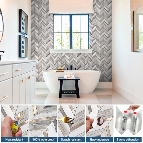 Yipscazo 10-Sheet Wood Grain Herringbone Peel and Stick Backsplash for Kitchen Walls,Heat Resistant PVC Mixed Metal Stick on Backsplash Tiles,Waterproof Peel and Stick Tile for Bathroom&Shower - color: Wood Grain + Gold Metal