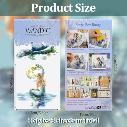 WANDIC 3 Sheets Rub on Transfers for Crafts,Retro Mermaid Theme Scrapbooking Stickers Furniture Transfers Journal Stickers Flower Pattern Decals for DIY Water Bottle Window,15 * 30cm - color: Retro Watercolor Mermaid
