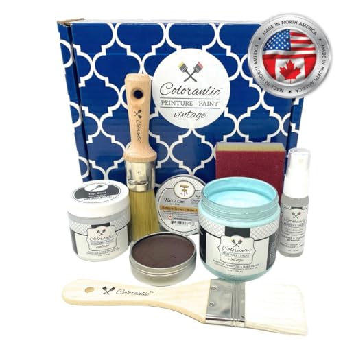 Colorantic | OCEAN BLUE STARTER KIT of Chalk Paint for Furniture Wax Varnish Round Brush DIY | Decorative Furniture Paint Craft Projects - Painting Kit for Wood Waverly | 7 Items - color: Ocean, size: 1.14 Fl Oz (Pack of 7)