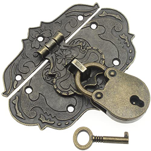 Antique Engraved Decorative Hasp Latch & Mini Bear Padlock Kit 76 x 57 mm Oval Zinc Alloy Hasp Clasp with Screws for Jewelry Box Ordinary Box Wooden Case Furniture Decoration