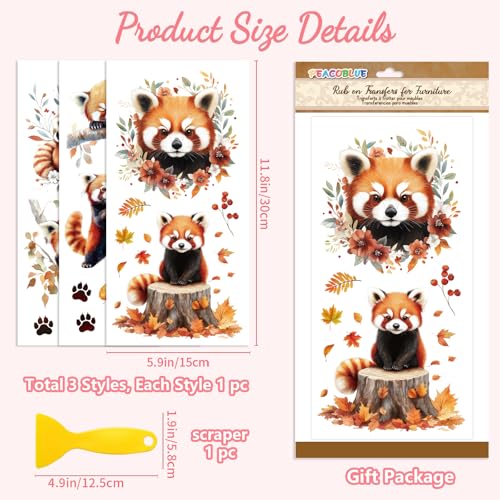 Peacoblue Red Pandas, Flowers Rub On Transfers for Furniture Craft 6"x12" - style: Red Pandas with Flowers