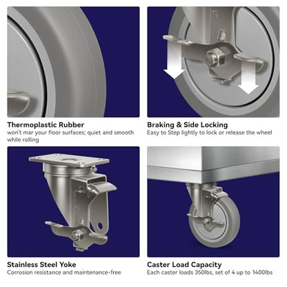 5" Caster Wheels, Stainless Steel Casters Set of 4 Heavy Duty, Anti-Corrosion Rubber Industrial Caster Wheels for Hospitals Food Labs(2 Brake& 2 Rigid) - style: 2 Brake&2 Rigid