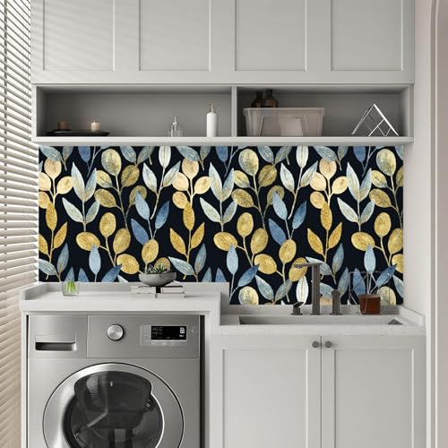 Black and Gold Leaf Peel and Stick Wallpaper 17.7" x 70.8" - color: Blue/gold/Black, size: 17.7" x 70.8"