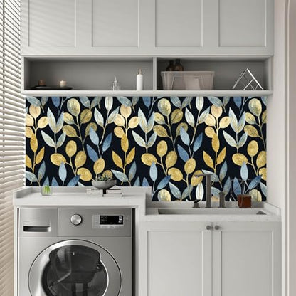 Black and Gold Leaf Peel and Stick Wallpaper 17.7" x 70.8" - color: Blue/gold/Black, size: 17.7" x 70.8"