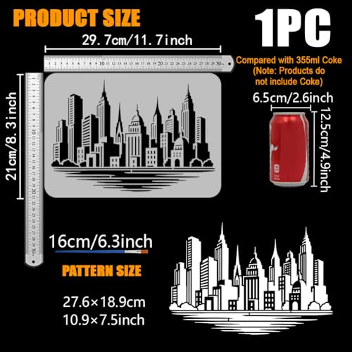 FINGERINSPIRE The City Skyline Painting Stencil with Paint Brush 8.3x11.7inch Reusable Building Pattern Drawing Template Plastic PET Construction Lake Stencil Architecture Theme Template for Decor - style: The City Skyline