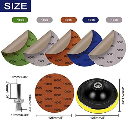 5Inch 20Pcs Wet Dry Sanding Disc Sandpaper Hook and Loop with Backing Pad