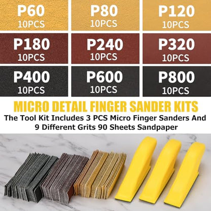 Mini Micro Gator Detail Sander 3 Pack with 90 Sheets 60 80 120 180 240 320 400 600 800 Grit Sandpaper Finger Sander for DIY Crafts Wood Finishing Tight Narrow Polishing
