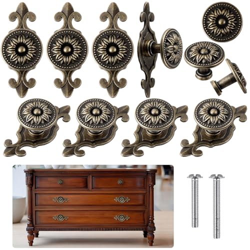 10 Pcs Antique Brass Cabinet Knobs Vintage Retro Drawer Knobs with Backplate Flower Shape Metal Dresser Pull Handles for Kitchen Cupboard Wardrobe Cabinet(Sunflower) - style: Sunflower