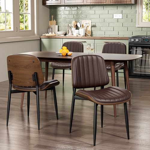 REONEY Dining Chairs Set of 4, Mid-Century Modern Kitchen Chairs, Brown - color: Dark Brown Vertical Stripes