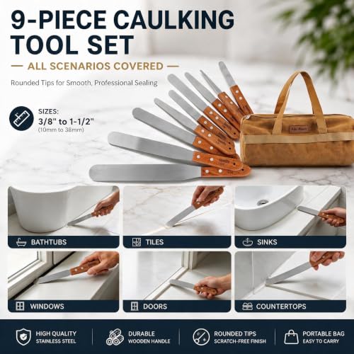 9-Piece Caulking Spatula Set with Pear Wood Handle, Caulk Finishing Tool - size: 9PCS