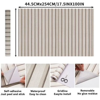 Wood Slat Peel and Stick Wallpaper - 17.5"x100" Light Oak Vinyl Faux Wood Grating Stripe Contact Paper, Self-Adhesive Waterproof Removable Wall Panel for Bedroom Kitchen Office - Easy Install - color: Dead Wood, size: 17.5" x 100"