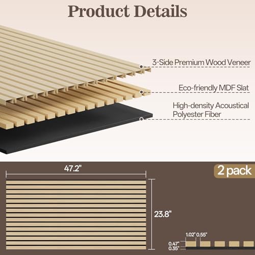 2 Pack Acoustic Wood Panels for Wall 47.24" x 23.81" Soundproof - color: Oak, size: 47" x 23" (2 PCs)