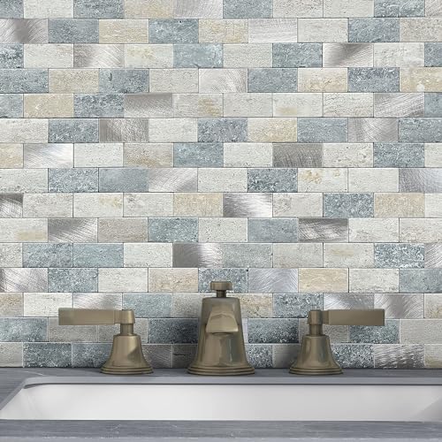 Peel and Stick Backsplash Stone Tiles Blue Gray 5pcs - color: Blue Green Gray, size: 5sheets