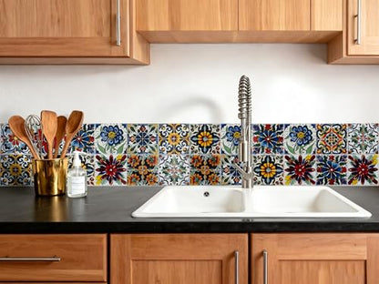 6 Sheets 9x9 Inch Peel and Stick Tile Backsplash Stickers, Talavera Mexican Spanish Mediterranean Vinyl Wall Tiles, Waterproof Self-Adhesive Removable DIY Decals for Kitchen Bathroom - color: Red