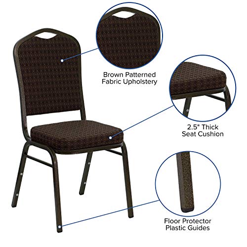 EMMA + OLIVER Brown Crown Back Stacking Banquet Chair - color: Brown Patterned Fabric/Gold Vein Frame