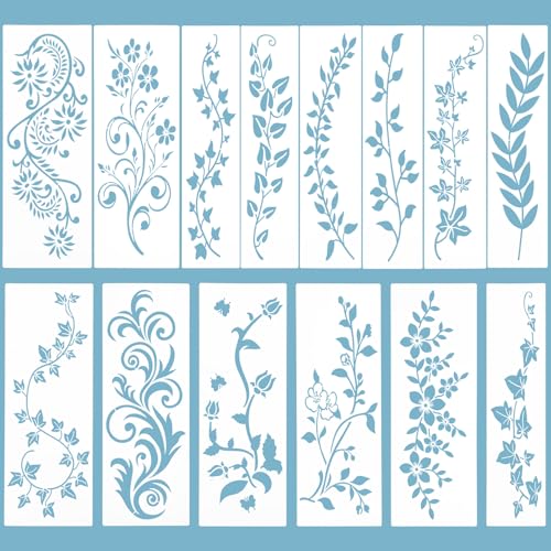 14 Pack Large Leaf Vine Stencils, Reusable Border Flower Stencils for Painting, DIY Drawing Templates for Wood, Wall, Canvas, Furniture, Home Decor