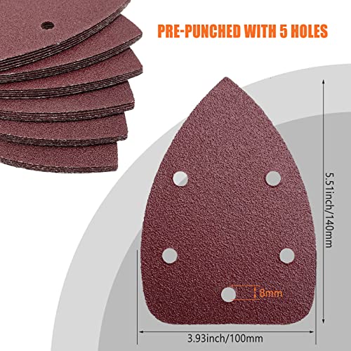 Detail Sander Sandpaper, Assorted 40/80/120/180/240 Grits Mouse Sanding Pads 5 Holes Hook and Loop Sanding Sheets for 140mm Mouse Palm Detail Sanders, 50pcs - size: Mixed Grits