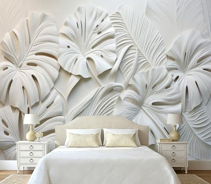 Modern 3D White Monstera Leaf Textured Wallpaper Peel and Stick - color: No.35, size: 80" x 61"